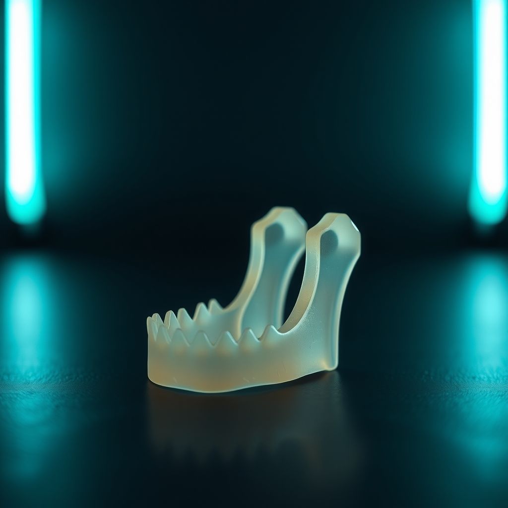 Modelo translúcido de mandíbula sob luz azul