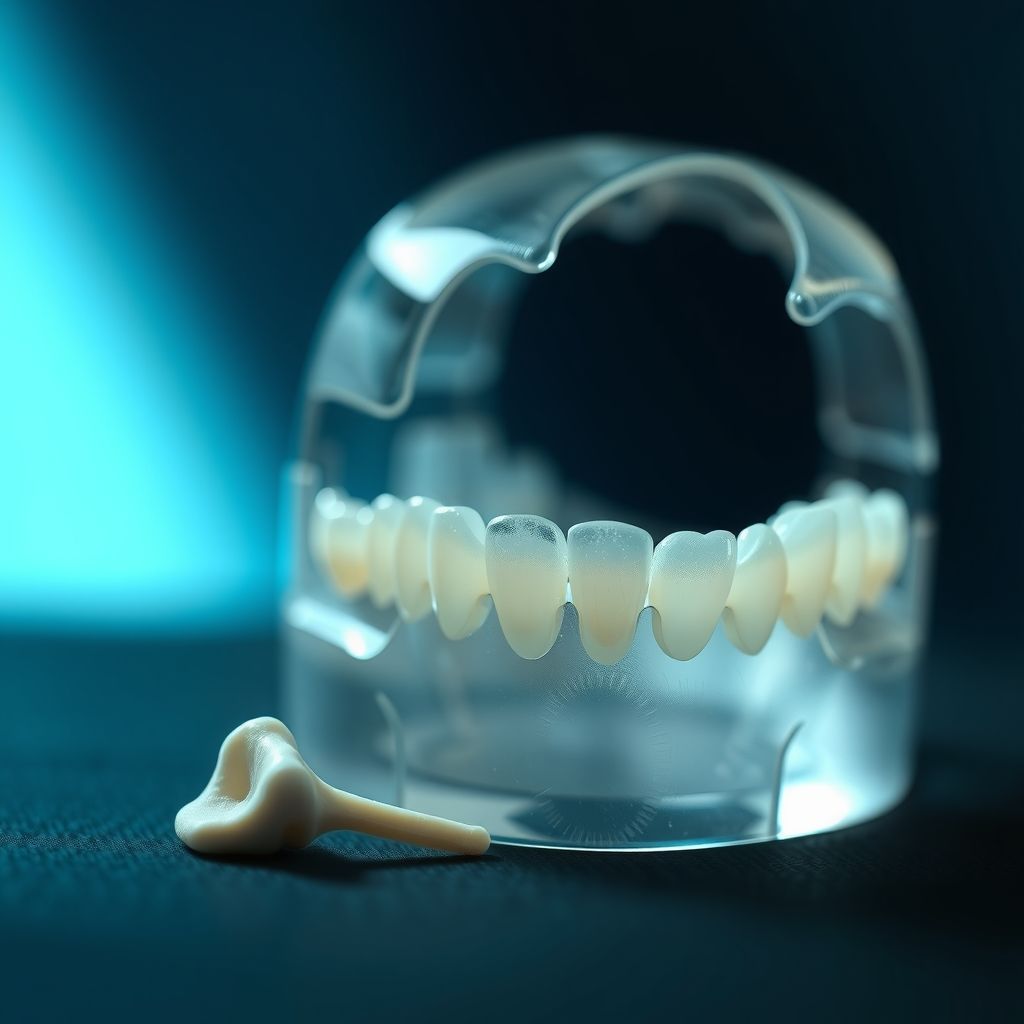 Modelo de arcada dental translúcido com amostra de material de enxerto