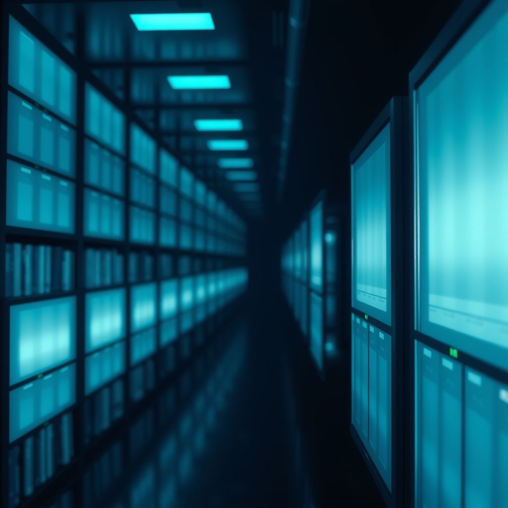 Painéis de dados translúcidos formando um corredor luminoso azul