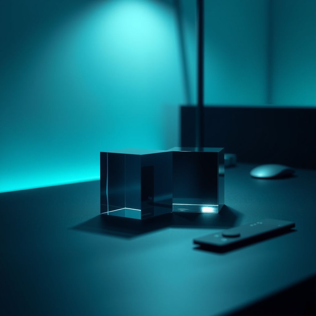 Blocos de vidro geométricos sobre mesa escura com brilho azul