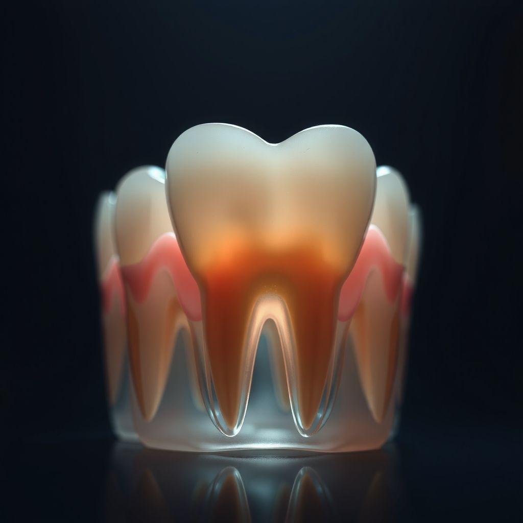 Modelo translúcido de dente com o canal radicular iluminado em azul