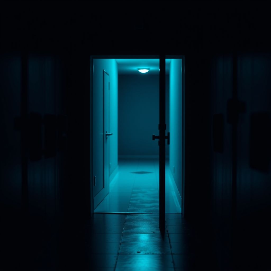 Porta aberta com luz azul-turquesa em corredor escuro