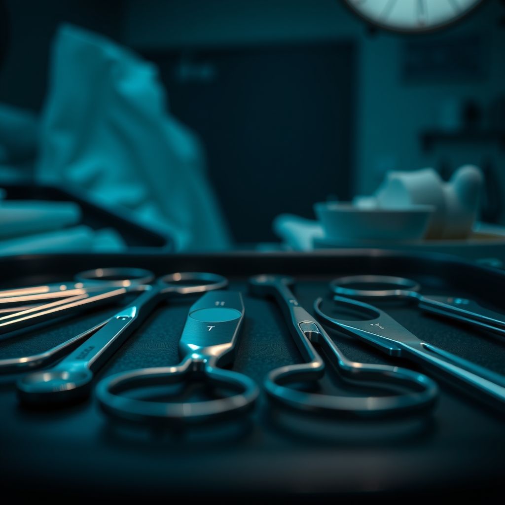 Instrumentos cirúrgicos esterilizados sobre bandeja escura