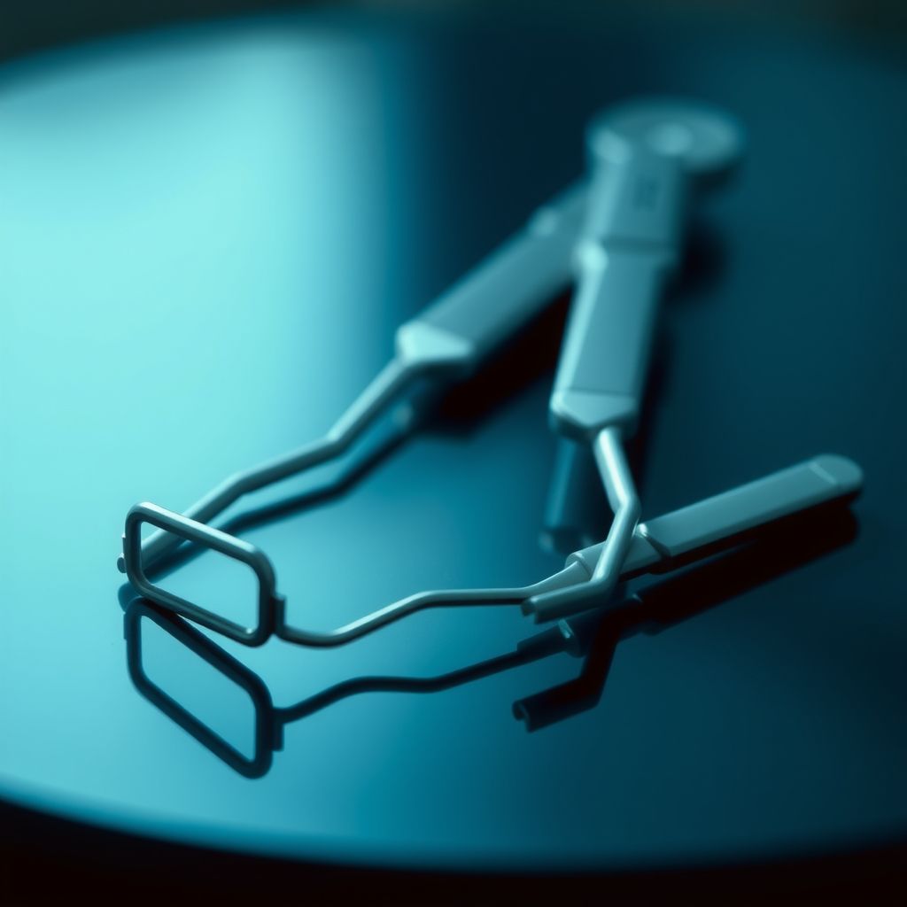 Espelho e sonda dental sobre superfície escura com luz azul