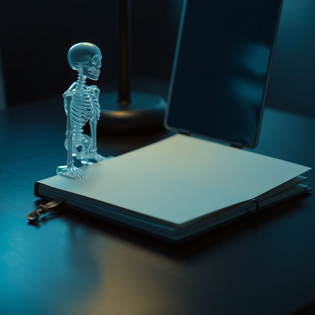 Modelo translúcido de osso ao lado de um caderno de capa lisa