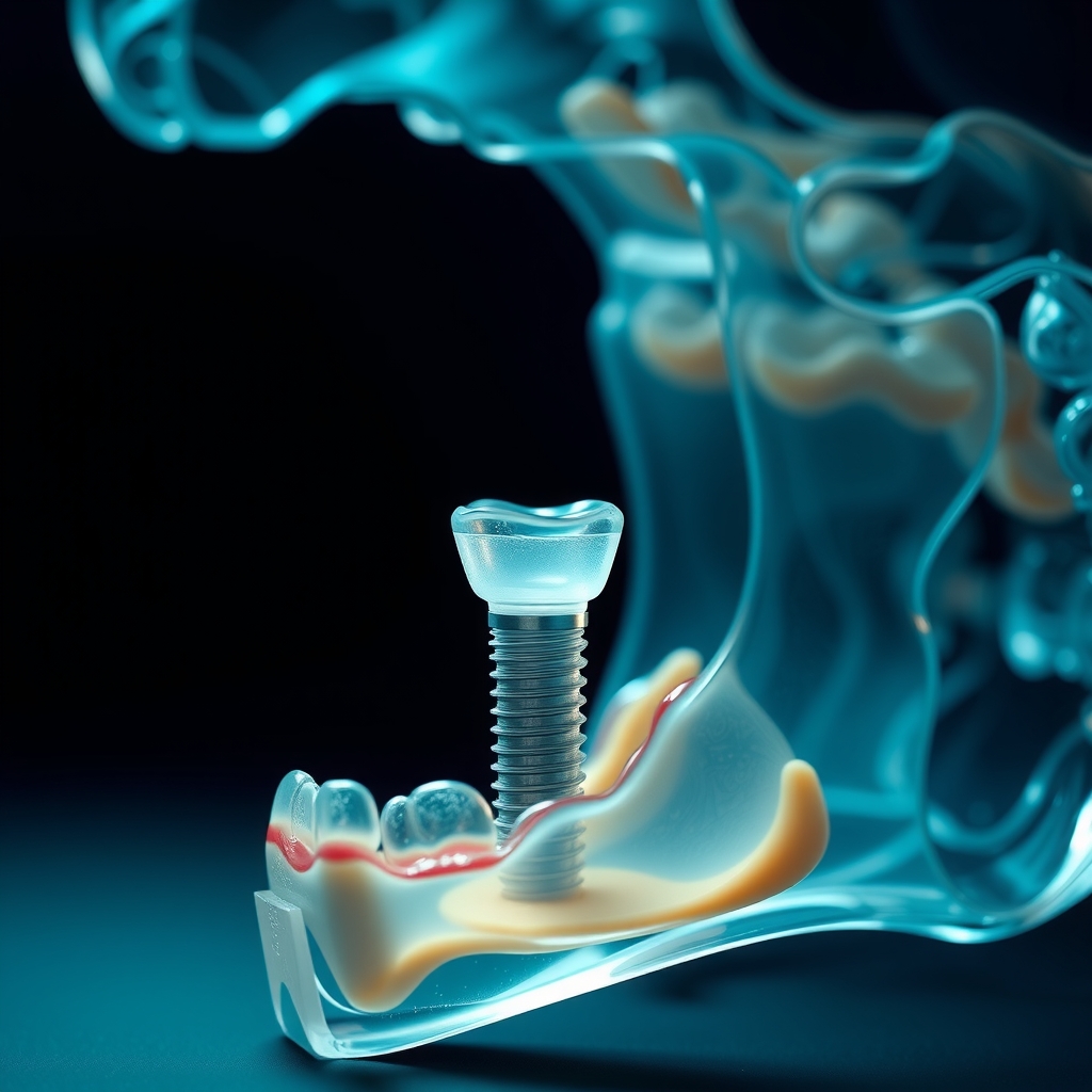 Modelo translúcido de um implante dentário em corte da mandíbula, em tons de azul e turquesa