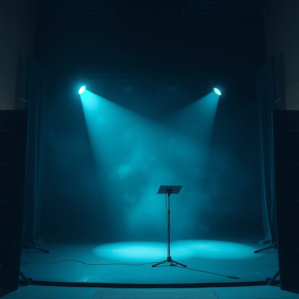 Palco vazio com um holofote e um pedestal de microfone